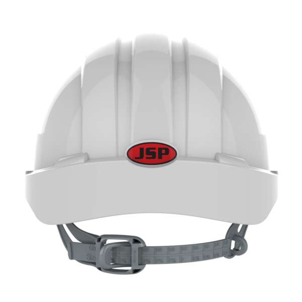 Vented, mid-peak safety JSP AJF030-00 EVO2 helmet in White showing the back