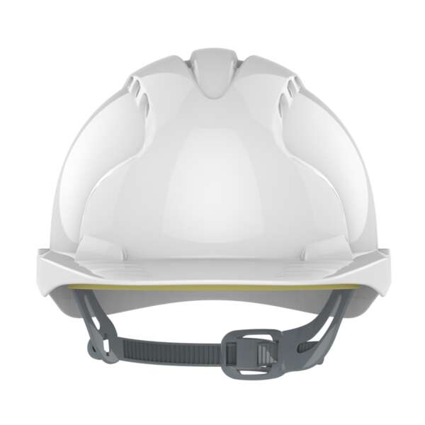 Vented, mid-peak safety JSP AJF030-00 EVO2 helmet in White showing the front