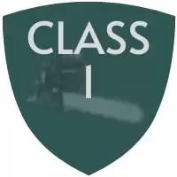 Class 1 chainsaw safety standard with a chainsaw in a shield symbol